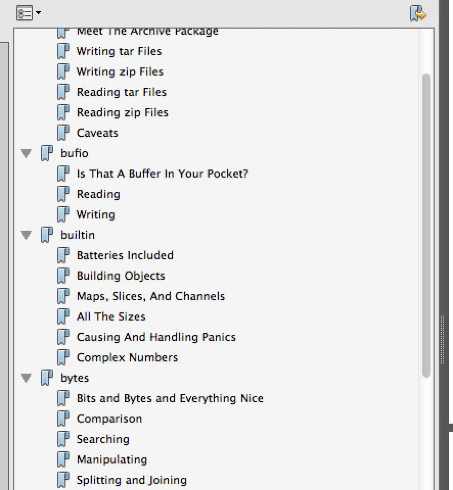 Screenshot of part of the table of contents in the PDF
